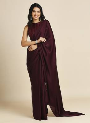 Wine Fabulous Burfi Silk Silk Blend Saree With Lycra Sequins Unstitch Blouse 1