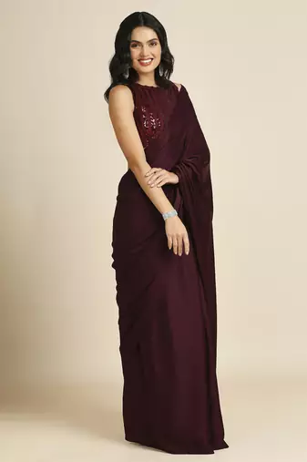 Wine Fabulous Burfi Silk Silk Blend Saree With Lycra Sequins Unstitch Blouse