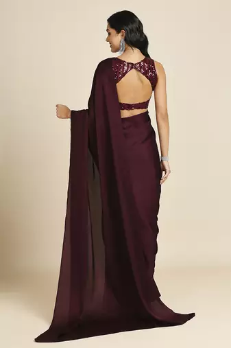 Wine Fabulous Burfi Silk Silk Blend Saree With Lycra Sequins Unstitch Blouse