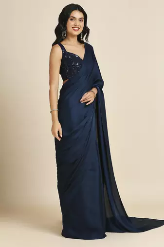 Blue Fabulous Burfi Silk Silk Blend Saree With Lycra Sequins Unstitch Blouse