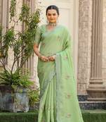 Pista Color Tussar Cotton Dobby Sarees With Floral And Sequins Embroidery