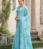 Sky Color Tussar Cotton Dobby Sarees With Floral And Sequins Embroidery
