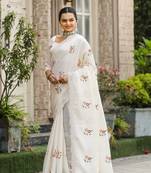 White Color Tussar Cotton Dobby Sarees With Floral And Sequins Embroidery