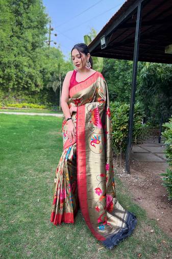 Black Color Paithani Saree With All-Over Zari And Meenakari Weaves