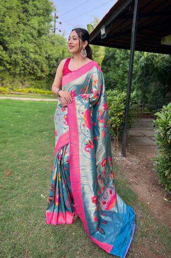 Denim Color Paithani Saree With All-Over Zari And Meenakari Weaves