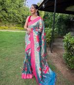 Denim Color Paithani Saree With All-Over Zari And Meenakari Weaves