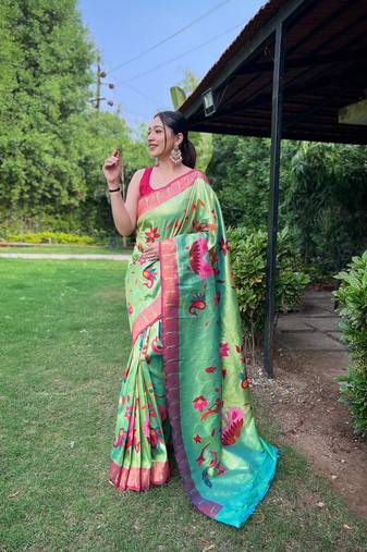 Lime Green Color Paithani Saree With All-Over Zari And Meenakari Weaves