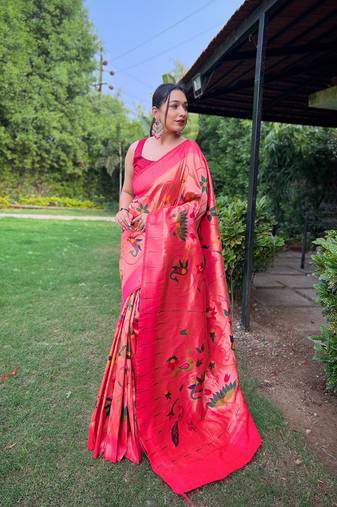 Pink Color Paithani Saree With All-Over Zari And Meenakari Weaves