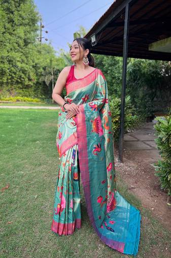 Rama Color Paithani Saree With All-Over Zari And Meenakari Weaves