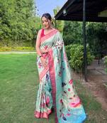 Pastel Blue Banarasi silk blend Zari Woven Paithani Saree