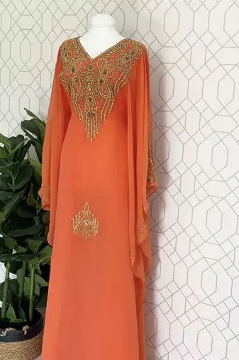 Orange Georgette Embroidered Kaftan Dress