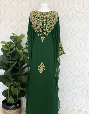 Green Georgette Gold Embroidered Stone work Stitched Dress Kaftan Party Wear Wedding Dresses 1