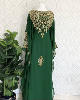 Green Georgette Gold Embroidered Stone work Stitched Dress Kaftan Party Wear Wedding Dresses 2