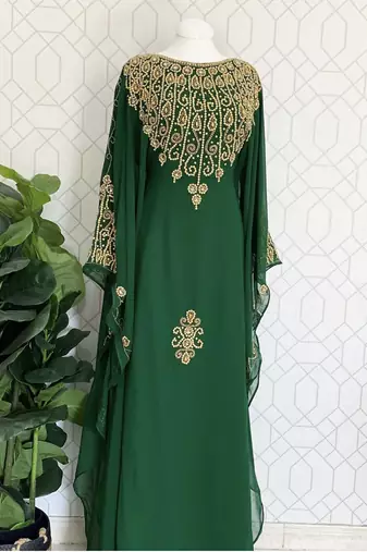 Green Georgette Gold Embroidered Stone work Stitched Dress Kaftan Party Wear Wedding Dresses