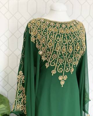 Green Georgette Gold Embroidered Stone work Stitched Dress Kaftan Party Wear Wedding Dresses 3