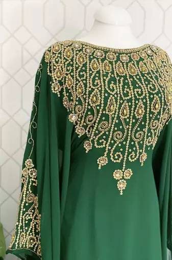 Green Georgette Gold Embroidered Stone work Stitched Dress Kaftan Party Wear Wedding Dresses