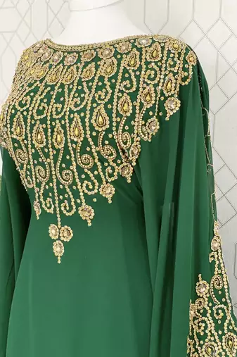 Green Georgette Gold Embroidered Stone work Stitched Dress Kaftan Party Wear Wedding Dresses
