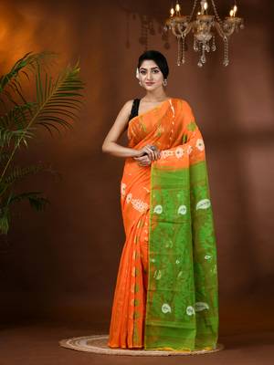 Orange Woven Cotton Floral Handloom Jamdani Sarees Without Blouse Piece 1