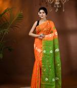 Orange Woven Cotton Floral Handloom Jamdani Sarees Without Blouse Piece