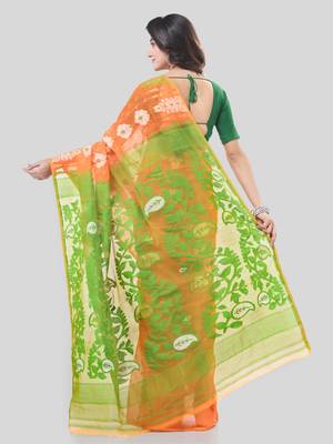 Orange Woven Cotton Floral Handloom Jamdani Sarees Without Blouse Piece 2