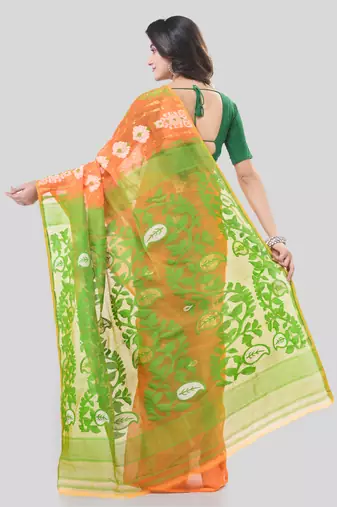 Orange Woven Cotton Floral Handloom Jamdani Sarees Without Blouse Piece