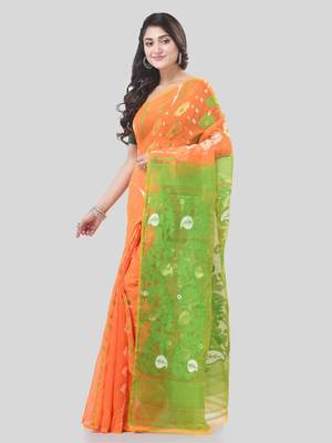 Orange Woven Cotton Floral Handloom Jamdani Sarees Without Blouse Piece 3