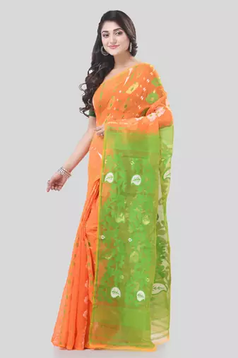 Orange Woven Cotton Floral Handloom Jamdani Sarees Without Blouse Piece