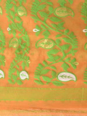 Orange Woven Cotton Floral Handloom Jamdani Sarees Without Blouse Piece 4