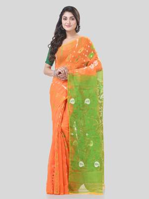 Orange Woven Cotton Floral Handloom Jamdani Sarees Without Blouse Piece 5