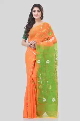 Orange Woven Cotton Floral Handloom Jamdani Sarees Without Blouse Piece