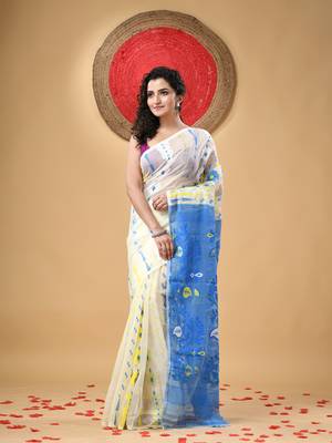 White Woven Cotton Floral Handloom Jamdani Sarees Without Blouse Piece 1