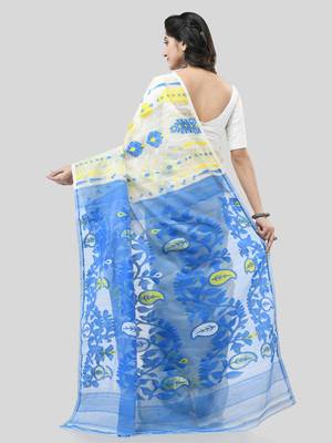 White Woven Cotton Floral Handloom Jamdani Sarees Without Blouse Piece 2
