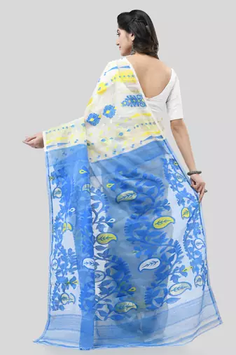 White Woven Cotton Floral Handloom Jamdani Sarees Without Blouse Piece