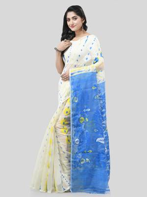 White Woven Cotton Floral Handloom Jamdani Sarees Without Blouse Piece 3