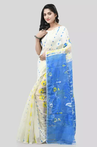 White Woven Cotton Floral Handloom Jamdani Sarees Without Blouse Piece