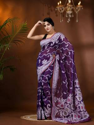 Purple Woven Cotton Paisley Handloom Jamdani Sarees Without Blouse Piece 1