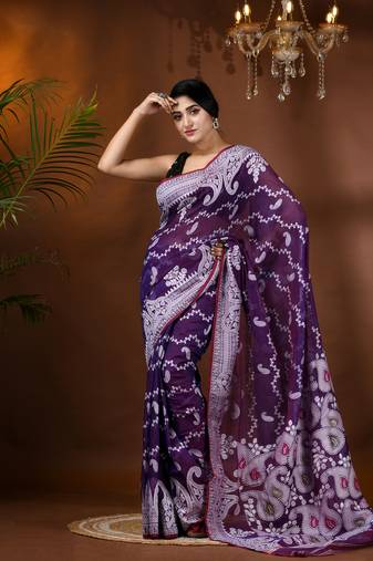 Purple Woven Cotton Paisley Handloom Jamdani Sarees Without Blouse Piece