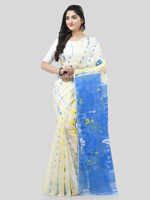 White Woven Cotton Floral Handloom Jamdani Sarees Without Blouse Piece 5