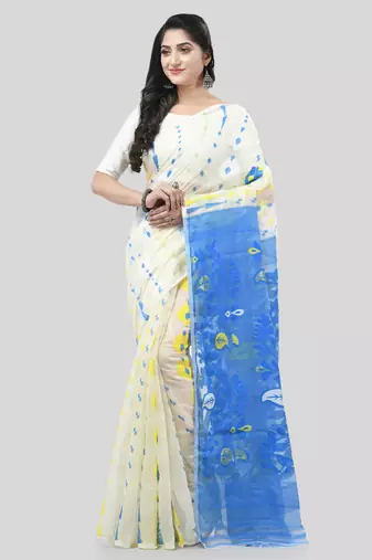 White Woven Cotton Floral Handloom Jamdani Sarees Without Blouse Piece