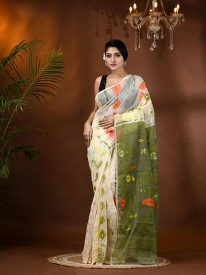 White Woven Cotton Floral Handloom Jamdani Sarees Without Blouse Piece 1