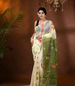 White Woven Cotton Floral Handloom Jamdani Sarees Without Blouse Piece