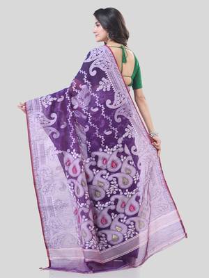 Purple Woven Cotton Paisley Handloom Jamdani Sarees Without Blouse Piece 2