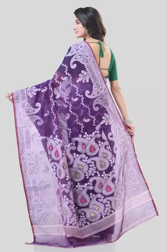Purple Woven Cotton Paisley Handloom Jamdani Sarees Without Blouse Piece