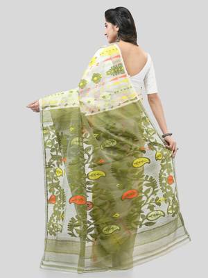 White Woven Cotton Floral Handloom Jamdani Sarees Without Blouse Piece 2