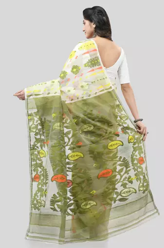 White Woven Cotton Floral Handloom Jamdani Sarees Without Blouse Piece