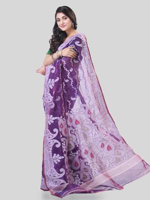Purple Woven Cotton Paisley Handloom Jamdani Sarees Without Blouse Piece 3