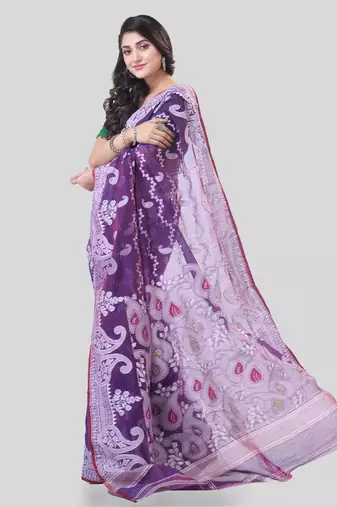 Purple Woven Cotton Paisley Handloom Jamdani Sarees Without Blouse Piece