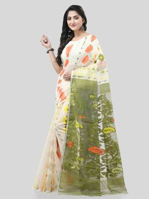 White Woven Cotton Floral Handloom Jamdani Sarees Without Blouse Piece 3