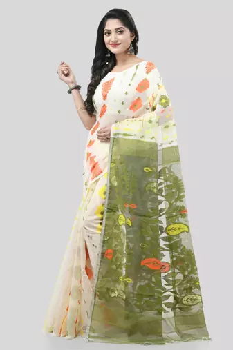 White Woven Cotton Floral Handloom Jamdani Sarees Without Blouse Piece