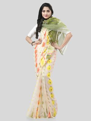 White Woven Cotton Floral Handloom Jamdani Sarees Without Blouse Piece 5